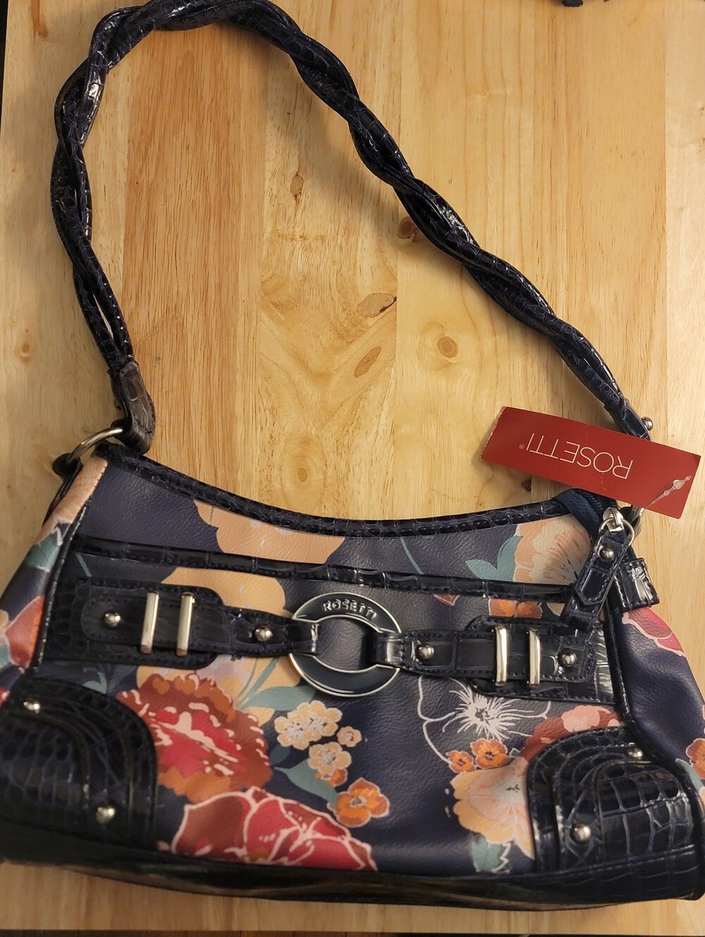 Rosetti Navy Floral Shoulder Bag with Braided Strap